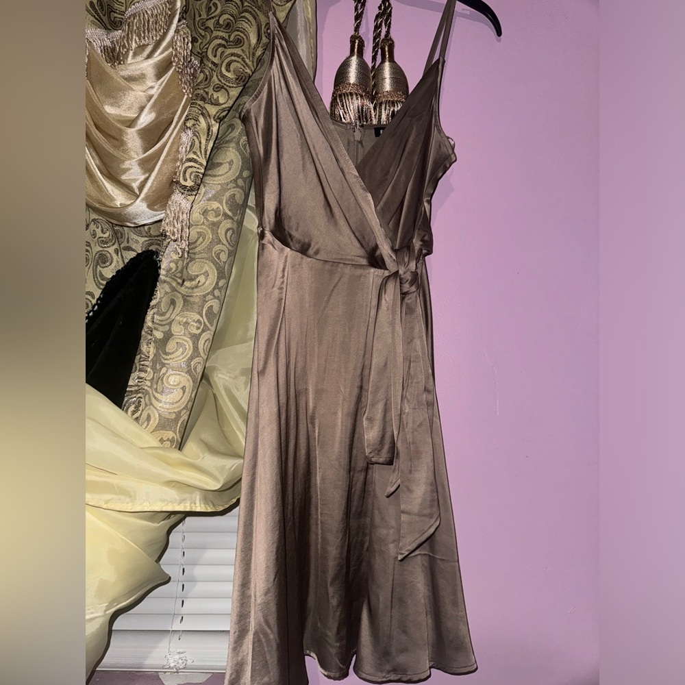 *NWT* EXPRESS Light Brown - Satin Silk Tied Knot Flare Dress Size : XXS - Picture 4 of 5